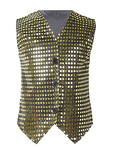 TTAO Unisex Kinder Jungen Mädchen Pailletten Weste Ärmellos Anzugweste Gentleman Party Hochzeit Glitzer Jazz Tanzbekleidung Schwarz&Gold 152 von TTAO