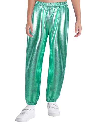 TTAO Unisex Kinder Metallic Lange Hose Sporthose Dehnbund Jogger Jogginghose mit Beinabschluss Loose Fit Hip Hop Tanzhose Baggy Pants Blue Green C 140-152 von TTAO