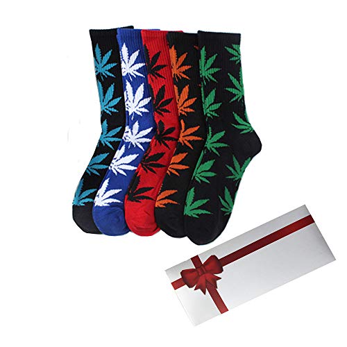 TTD 5 Packs Unisex Weed Leaf Printed Cotton Socks Maple Leaf Printed Socks With Gift Box Athletic Sports Marijuana High Crew Socks von TTD