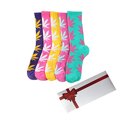 TTD 5 Packs Unisex Weed Leaf Printed Cotton Socks Maple Leaf Printed Socks With Gift Box Athletic Sports Marijuana High Crew Socks von TTD