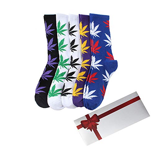 TTD 5 Packs Unisex Weed Leaf Printed Cotton Socks Maple Leaf Printed Socks With Gift Box Athletic Sports Marijuana High Crew Socks von TTD