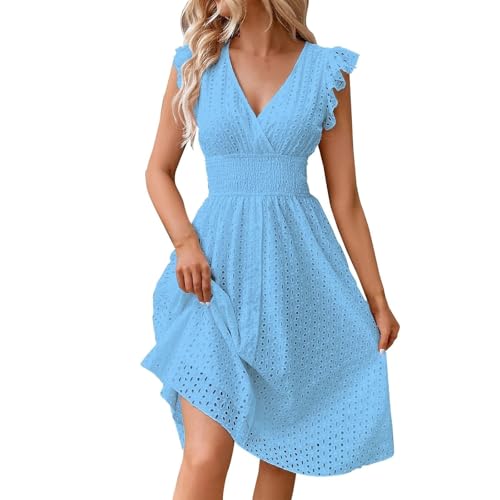 A Linien Kleid Damen Sommer Strandkleid Damen Luftig Sommerkleid Midi Damenkleider Elegant Festliche Kleider Knielang Rüschenkleid mit Lochstickerei Freizeitkleid Tailliert Partykleid von TTFDJG