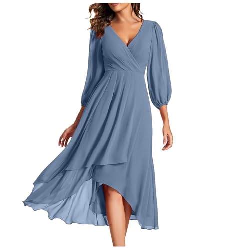 Abendkleid Damen Lang mit Ärmel Sommerkleider Damen Leicht und Luftig Damenkleider Elegant Cocktailkleid Hochzeitsgast Chiffonkleid Festlich Wickelkleid V Ausschnitt Midikleid A Linie Freizeit von TTFDJG