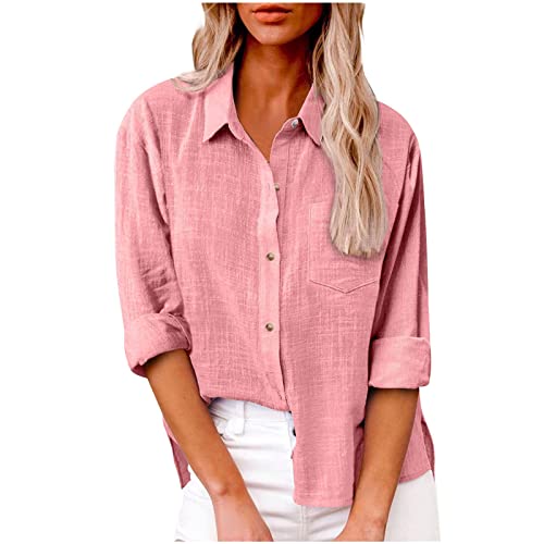 Basic Langarmshirt Damen Bluse Hemd Langarm Einfarbig Hemdbluse mit Knopf Elegant Langarmshirt Lässig Lose Oberteile Tops Winter Streetwear T-Shirt Bluse Tops 1-Rosa L von TTFDJG