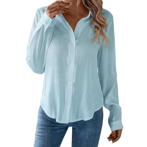 Blaue Bluse Damen Elegant Langarmshirt V Ausschnitt Damen Hemdbluse Damen Oberteile Sommer Blusenshirt Damen Hemd Schwarz Damen Shirt Mit Knopfleiste Damen Button Down Top Blau L von TTFDJG