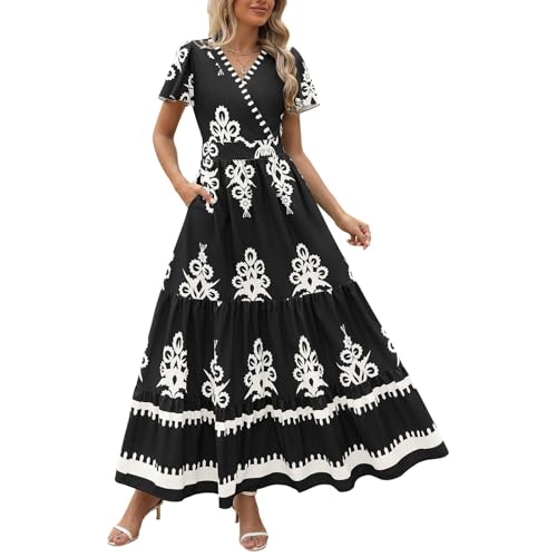 Boho Kleid Damen Lang Sommerkleider Damen Leicht und Luftig Maxikleid A Linie Swing Kleid V Ausschnitt Strandkleider Kurzarm Damenkleider Sommer Bohemian Kleidung Frauen Freizeitkleid von TTFDJG