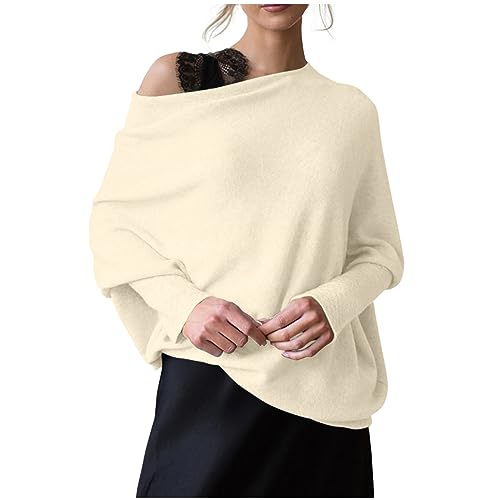 Damen Fledermausärmel Pullover Eleganter Einfarbig Strickpullover Tunika Oberteile mit Rundhals und Langen Ärmeln Herbst Winter Warmes Sweatshirt Elegante Bluse Longpullover Khaki S von TTFDJG