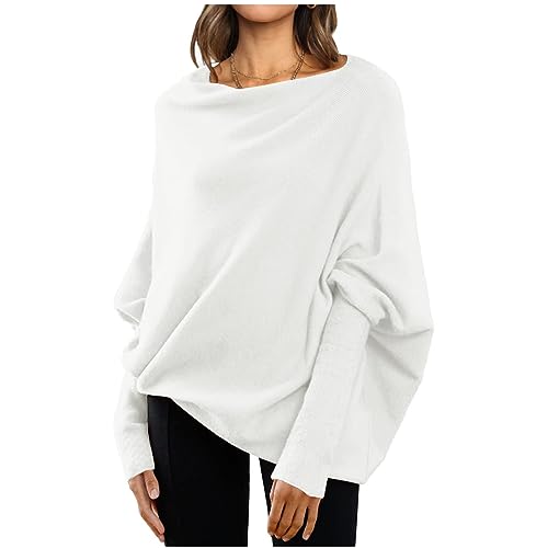 Damen Fledermausärmel Pullover Eleganter Einfarbig Strickpullover Tunika Oberteile mit Rundhals und Langen Ärmeln Herbst Winter Warmes Sweatshirt Elegante Bluse Longpullover Weiß S von TTFDJG