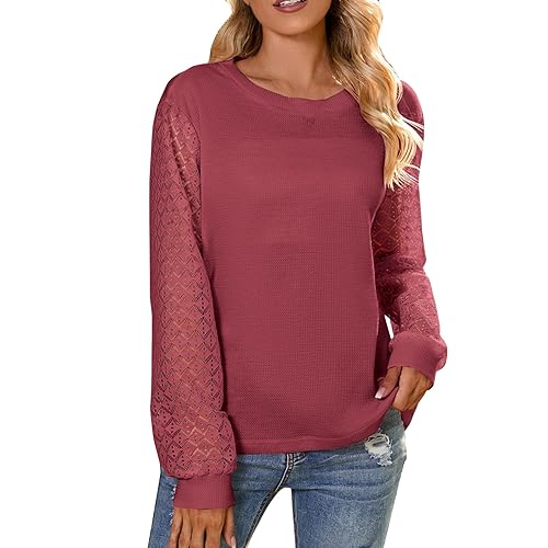 Damen Langarm Top mit Spitzen Ärmel Oberteil Langarmshirt V-Ausschnitt Spitzentops Elegant Bluse Rundhals Strickpullover 1-Rot 4XL von TTFDJG