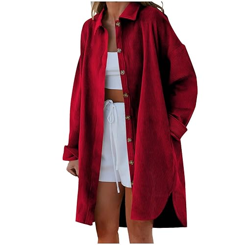 Hemdjacke Damen Langarm Cordjacke Lang Cordhemd Button Down Bluse Umlegekragen mit Taschen Lässige Tunika Herbst Winter Mantel Rot L von TTFDJG