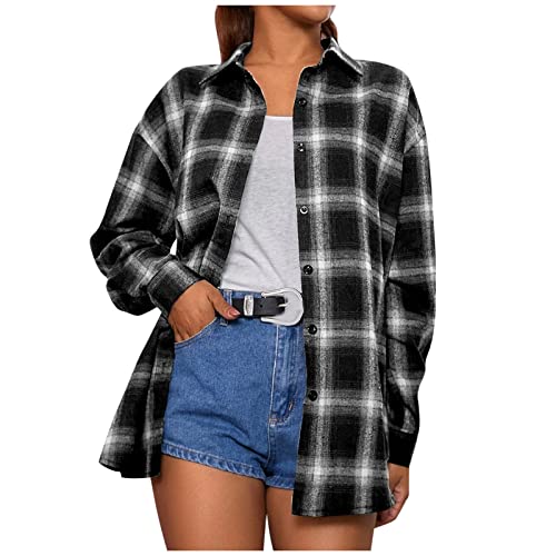 Karierte Bluse Damen Klassisch Karohemd Flanell Bluse Langarm Knopfleiste Baumwolle Hemd Bluse Casual Weich Shirt Vintage Trachtenhemd Übergang Jacken Lang Mantel Schwarz L von TTFDJG