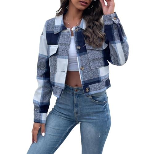 Kariertes Hemd mit Leistentaschen und Knöpfen Langarm Oversize Bluse Mantel Hemdjacke Holzfällerjacke Damen Mode Boyfreind Hemdbluse Freizeithemd Blau M von TTFDJG