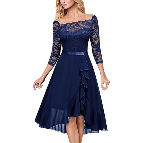 Kleid Damen Elegant Festlich Midikleid Sommer Festkleid A Linie Kleid mit Spitze Cocktailkleid Hochzeitsgast Brautjungfernkleid Midi Rüschenkleid Schulterfrei Abendkleid Wedding Guest Dress von TTFDJG