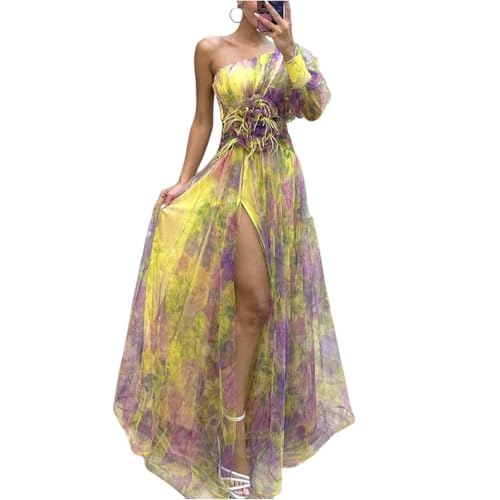 Maxikleider Damen Sommer Chiffon Kleid Hochzeitsgast Damen Lang Tüllkleid Bunt Sommerkleid One Shoulder A Linien Kleid Maxi Damenkleider Elegant Abendkleid Festlich Partykleid mit Schlitz von TTFDJG