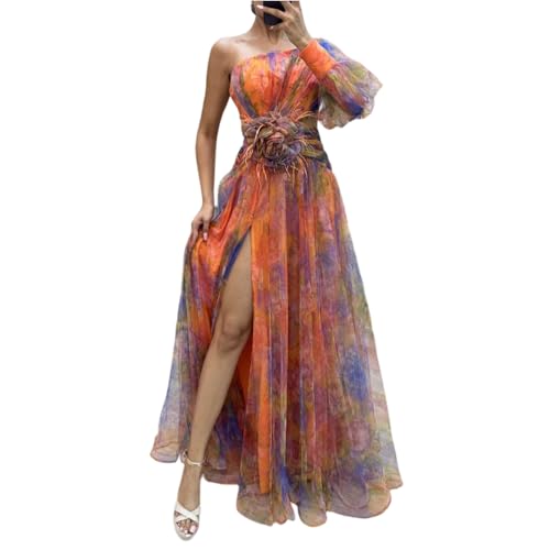 Maxikleider Damen Sommer Chiffon Kleid Hochzeitsgast Damen Lang Tüllkleid Bunt Sommerkleid One Shoulder A Linien Kleid Maxi Damenkleider Elegant Abendkleid Festlich Partykleid mit Schlitz von TTFDJG