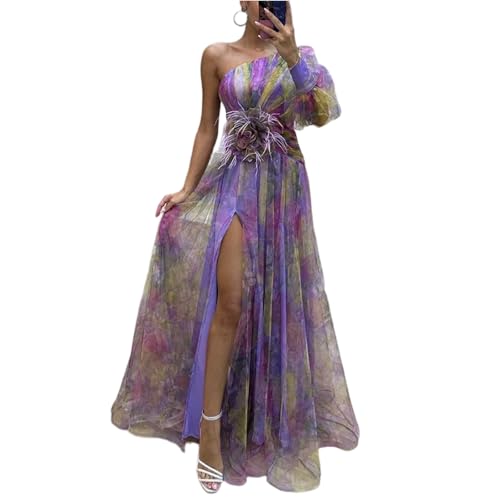Maxikleider Damen Sommer Chiffon Kleid Hochzeitsgast Damen Lang Tüllkleid Bunt Sommerkleid One Shoulder A Linien Kleid Maxi Damenkleider Elegant Abendkleid Festlich Partykleid mit Schlitz von TTFDJG