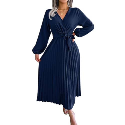 Plisseekleid Damen Festlich Maxikleid Langarm A Linien Kleid Damen Sommer Wickelkleid V Ausschnitt Damenkleider Elegant Abendkleid Hochzeitsgast Kleid mit Gürtel Freizeitkleid Dress von TTFDJG