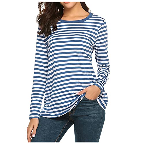 Schwarz Weiß Gestreiftes Shirt Damen Shirt Langarm Damen Oberteile Elegant Bluse Weiss Damen Langarm Sweatshirt Damen Baumwolle Sport Tshirt Damen Oversized Pullover Langarm Blau S von TTFDJG