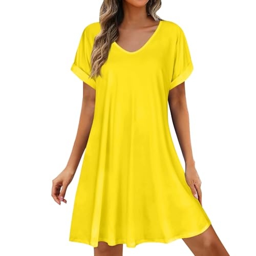 Sommer Tunika Damen Luftig Lang Freizeit Kleid mit Taschen Frauenkleider Elegant Festlich Strandkleid A Linie Kurzarm Tiefer V-Ausschnitt Kleider Zur Hochzeit Als Gast Vintage Dress Gelb S von TTFDJG