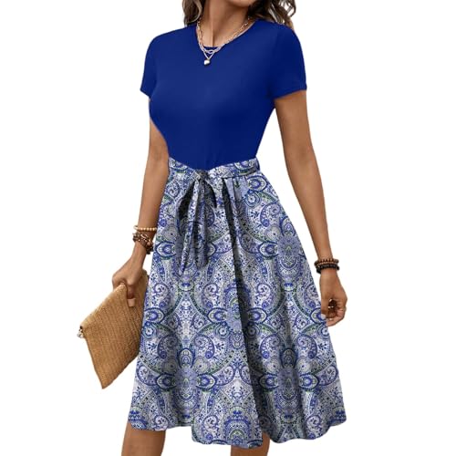 Sommerkleid Damen Elegant Midi Blumenkleid Damen Vintage Festkleid A Linie Kleid Kurzarm Damenkleider Festlich Boho Kleid mit Schnürung Midikleid Sommer Frauen Freizeitkleid Sundress von TTFDJG