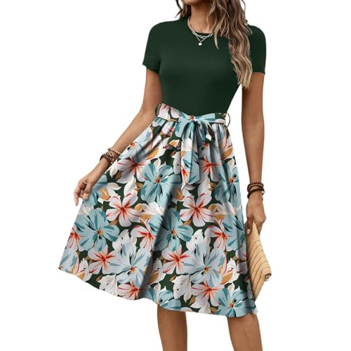 Sommerkleid Damen Elegant Midi Blumenkleid Damen Vintage Festkleid A Linie Kleid Kurzarm Damenkleider Festlich Boho Kleid mit Schnürung Midikleid Sommer Frauen Freizeitkleid Sundress von TTFDJG