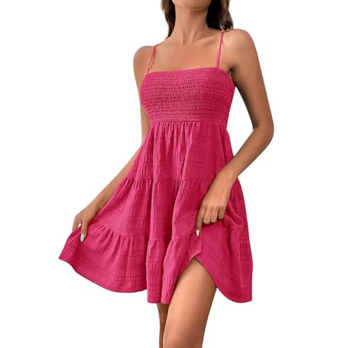 Sommerkleid Damen Kurz Tailliert Spaghettiträger-Kleid Strand Musselin Kleid Sommer Leinenkleid Freizeit Minikleid A Linien Trägerkleid Schulterfreies Plisseekleid Luftig Schwingend von TTFDJG