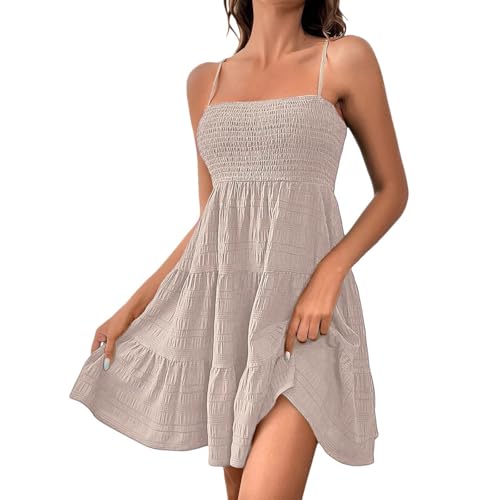 Sommerkleid Damen Kurz Tailliert Spaghettiträger-Kleid Strand Musselin Kleid Sommer Leinenkleid Freizeit Minikleid A Linien Trägerkleid Schulterfreies Plisseekleid Luftig Schwingend von TTFDJG
