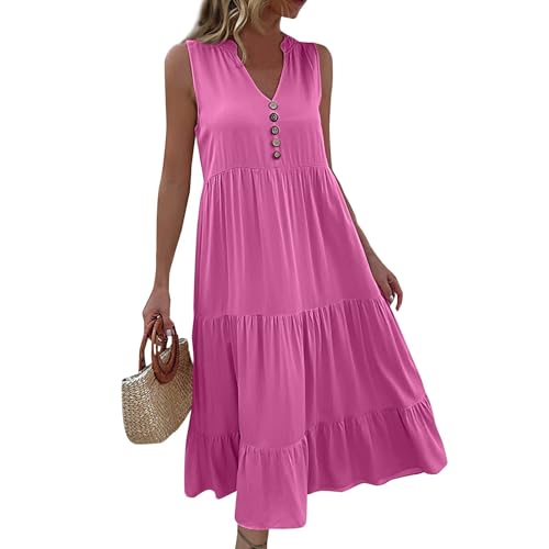 Sommerkleid Damen Lang Maxikleid Weit Tank Kleid mit Knopfleiste Trägerkleid A Linie Stufenkleid V Ausschnitt Hängerkleid Ärmellos Damenkleider Sommer Lang Freizeitkleid Dresses for Women von TTFDJG