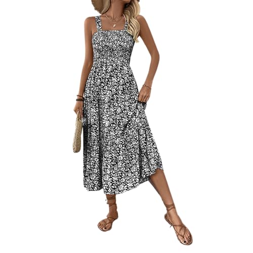 Sommerkleid Damen Lang Trägerkleid Damen Sommer Maxikleid Boho Kleid A Linie Hängerkleid Ärmellos Blumenkleid Gesmoktes Kleid ohne Ärmel Strandkleider Luftig Freizeitkleid Sundresses for Women von TTFDJG
