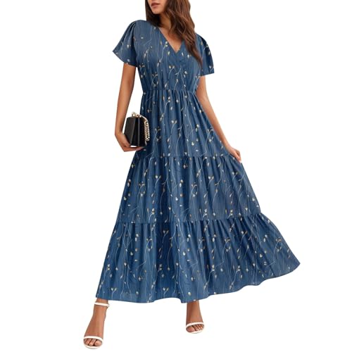Sommerkleid Damen Leicht und Luftig Festliche Kleider für Damen Boho Kleid Hochzeitsgast Luftige Italienische Sommerkleider Lang Damenkleider Sommer Maxikleider Freizeit Blumenkleid A Linie von TTFDJG