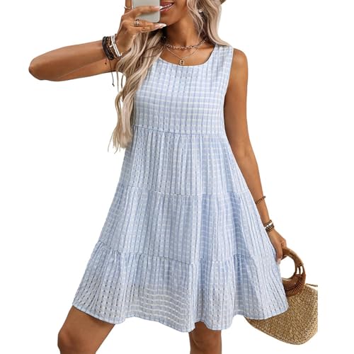 Sommerkleid Damen Leicht und Luftig Kurz Trägerkleid Damen Sommer Hängerkleid Karierte Kleid A Linie Shirtkleid Ärmellos Damenkleider Elegant Freizeitkleid ohne Ärmel Swing Kleid Sundress von TTFDJG