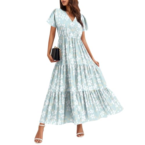 Sommerkleid Damen Leicht und Luftig Lang Blumenkleid Damen Festlich Maxikleider Elegant Boho Kleid V Ausschnitt Damenkleider A Linie Abendkleid Swing Kleid Hochzeitsgast Freizeitkleid von TTFDJG