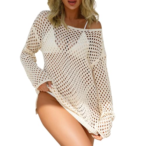Sommerkleid Damen Strandkleider Sommer Spitze Swim Cover Up Women Poncho Elegant Netz Oberteil Frauen Häkelpulli Strand Bluse Lochstrick Pullover Fransen Top Bikini T Shirt Beige L von TTFDJG
