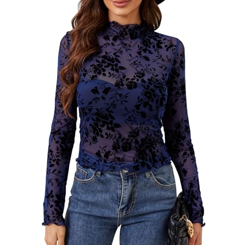 Spitzen Oberteile Damen Pullover Festlich Damen Damenpullover Langarm Elegant Party Outfit Damen Sexy Shirt Langarm Damen Dirndlbluse Damen Netztop Damen Spitzen Oberteil Damen Blau XXL von TTFDJG
