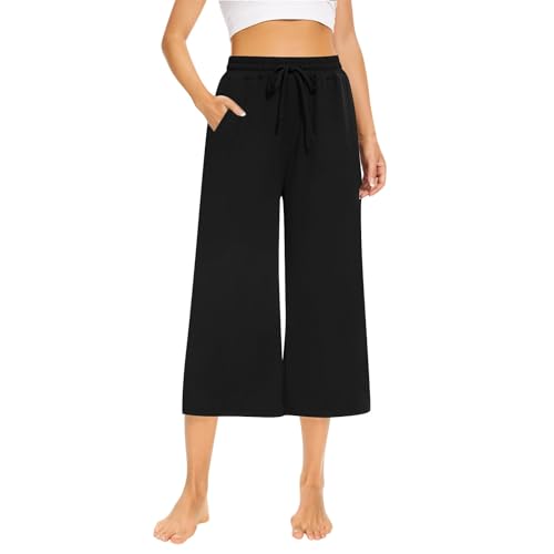 TTFDJG 3/4 Sporthose Damen Sommer Schlupfhose Damen Sommer Capri Sporthose Damen Palazzo Hose Damen Sommer Hosen Damen Locker Freizeithose Damen Weites Bein Damen Stoffhose Yoga Pants Damen Schwarz M von TTFDJG