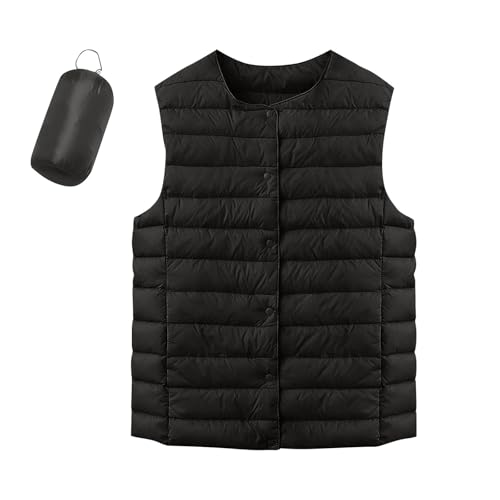 TTFDJG Ärmellose Steppweste Damen Übergangsjacke Damen Lang Ärmellose Damen-Weste Frühlingsmantel Damen Steppmantel Damen Leicht Übergang Sommerweste Damen Leicht Daunenjacken Für Damen Schwarz M von TTFDJG