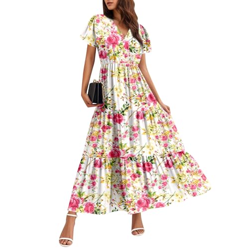 TTFDJG Boho Kleid Damen Hochzeit Italienische Kleider Damen Sommerkleid Lang Maxikleid Hochzeitsgast Damenkleider Elegant Abendkleider Kurzarm Frauen Freizeitkleid Tailliert Chiffonkleid Sundress von TTFDJG