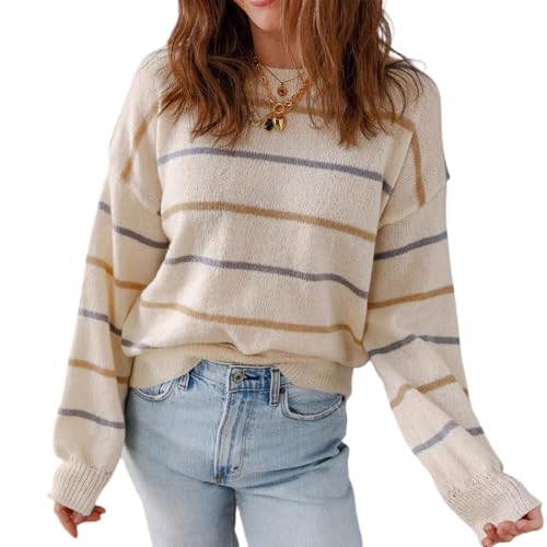 TTFDJG Damen Strickpullover Bunt Gestreift Pullover Strick Pulli Elegant Strickpulli Rundhals Sweater Warm Winterpullover Sweatshirt Damenpullover Langarm Winterpulli Casual Feinstrickpullover von TTFDJG