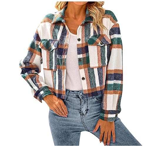 TTFDJG Flanellhemd Damen Kariert Hemdjacke Holzfällerjacke Kurz mit Karomuster Taschen Übergangsjacke Herbst Winter Leichte Crop Oberteile Tops Casual Mantel Grün XL von TTFDJG