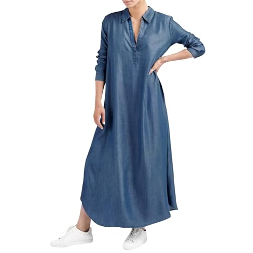 TTFDJG Jeanskleid Damen Lang Maxikleider Damen Sommer Jeans Kleid V Ausschnitt Damenkleider Elegant Blusenkleid Langarm Sommerkleid Locker Shirtkleid Maxi Kleider Freizeit von TTFDJG