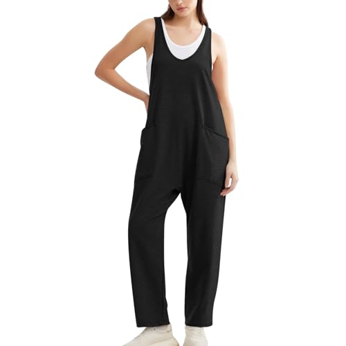 TTFDJG Jumpsuit Damen Spaghettiträger Lang Latzhose Damen Elegant Lange Hose Mit Trägern Damen Freizeithosen Für Damen Overall Lang Damen Sommer Weite Hose Sommer Damen Loungehose Damen Schwarz 3XL von TTFDJG