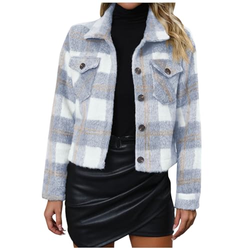 TTFDJG Karierte Jacke Bluse Damen Casual Kurzmantel Revers Langarm Outwear Vordere Leistentaschen Übergangsjacke Crop Oberteile Holzfällerjacke Mode Hemdjacke Einfarbig Coat 1-Hellblau S von TTFDJG