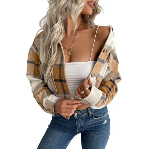 TTFDJG Karierte Jacke Damen Bluse Kurz Casual Kurzmantel Revers Langarm Outwear Vordere Leistentaschen Übergangsjacke Crop Oberteile Holzfällerjacke Mode Hemdjacke Khaki S von TTFDJG