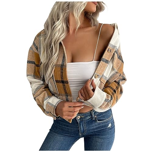 TTFDJG Karierte Wolljacke Damen Übergangsjacke Kurz mit Karomuster Taschen Langarm Hemdjacke Herbst Winter Leichte Crop Oberteile Tops Casual Mantel Khaki M von TTFDJG