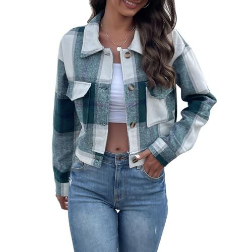 TTFDJG Kariertes Hemd mit Leistentaschen und Knöpfen Langarm Oversize Bluse Mantel Hemdjacke Holzfällerjacke Damen Mode Boyfreind Hemdbluse Freizeithemd Grün S von TTFDJG