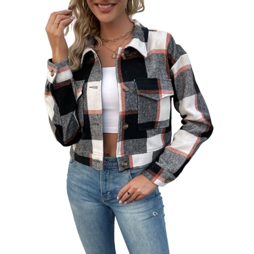 TTFDJG Kariertes Hemd mit Leistentaschen und Knöpfen Langarm Oversize Bluse Mantel Hemdjacke Holzfällerjacke Damen Mode Boyfreind Hemdbluse Freizeithemd Schwarz L von TTFDJG