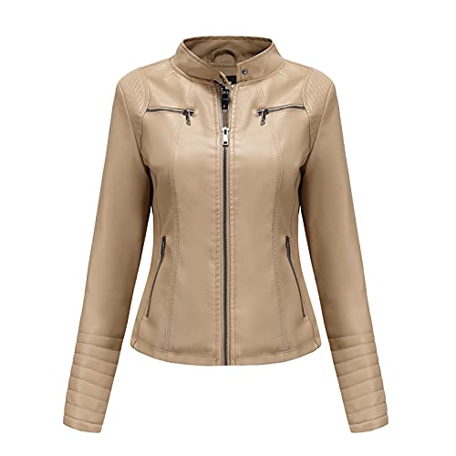 TTFDJG Kunstlederjacke Damen Bluson-Damen Jacke Sommer Motorradjacke Lederjacke Echtleder Leder Bomberjacke Sportjacke Dünn Lang Übergangsjacke Gefüttert Damenjacken Frühjahr Herbst Beige M von TTFDJG