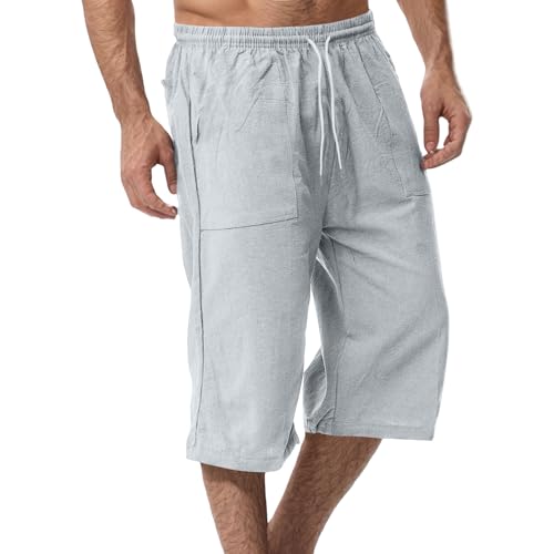 TTFDJG Kurze Hosen Herren 3/4 Sommerhose Leicht Freizeithose Leinen Shorts Sommer Strandhose Dünn Caprihose Baggy Hosen mit Gummizug Herrenhosen Bequem Stretch Schlupfhose Knielang Männer Shorts von TTFDJG