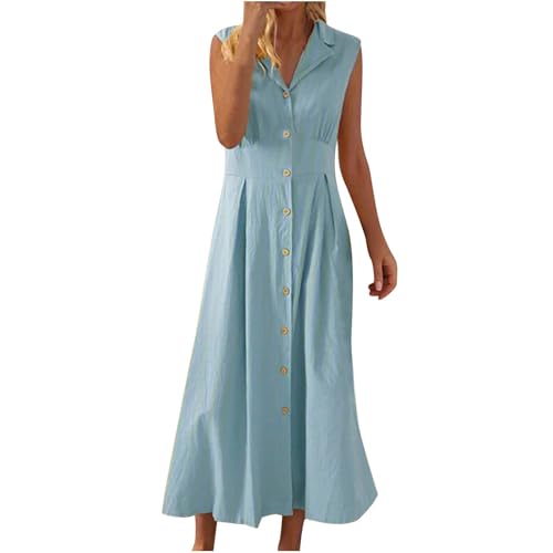 TTFDJG Leinenkleider Damen Sommer Maxi Hemdblusenkleid Damen Lang Leinen Sommerkleider Leicht und Luftig Hemdkleid Ärmellos Kleider Bodenlang Blusenkleid ohne Ärmel Maxikleider Frauen Freizeitkleid von TTFDJG