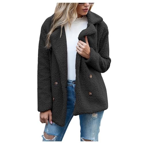 TTFDJG Plüschjacke Damen Winterjacke Damen Kurz Sherpa Jacke Herbst Mantel Damen Mantel Flanell Damen Wintermantel Damen Coat Kurzmantel Damen Herbst Elegante Jacke Damen S Schwarz von TTFDJG